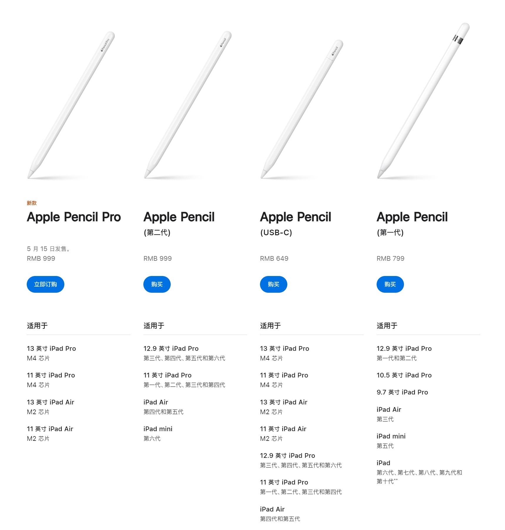 5月7日苹果iPad新品国行价格公布：Apple Pencil Pro  999
