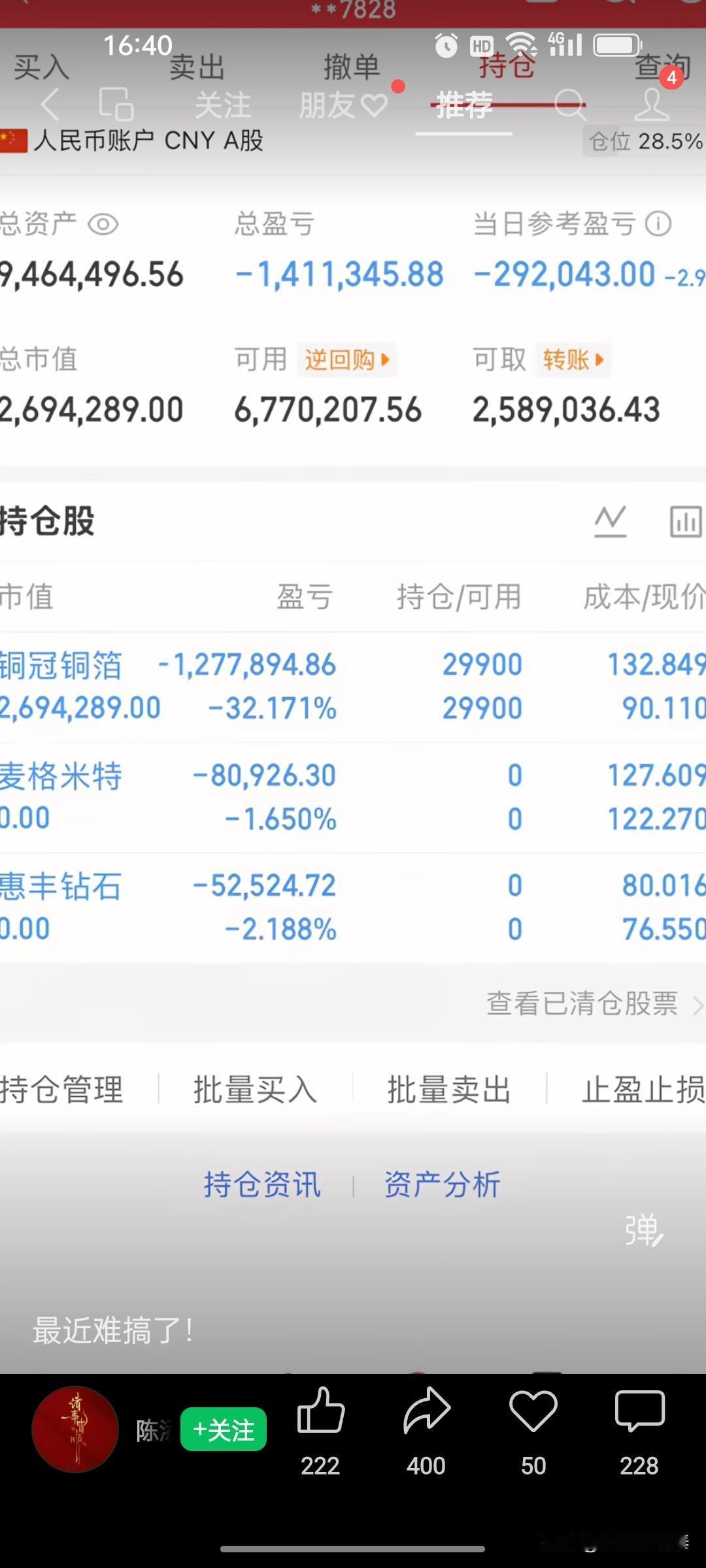 从202元高点一路回落，重仓高位接盘，如今深套32%
 
看完铜冠铜箔这张K线图