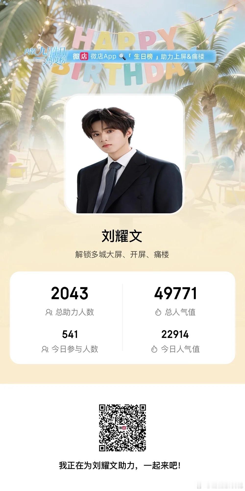 今日三倍人气值，人数来超3k人给刘耀文生日应援助力 
