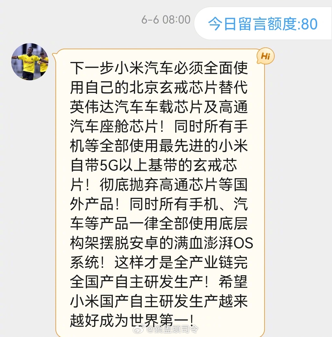 这位粉丝是不是到处私信[笑cry]？要求强烈建议向雷总反馈他的建议[允悲]，不知