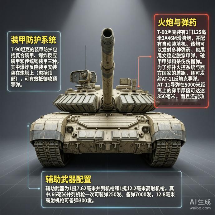 军事ai新视野 俄罗斯T-90主战坦克T-90坦克是俄罗斯于20世纪90年代研制