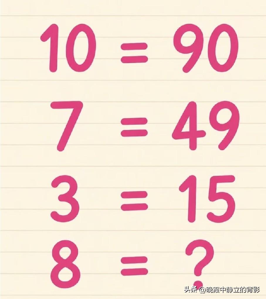 找规律数字题，10=90，7=49，3=15，那8该等于多少？你算出答案了吗🤔
