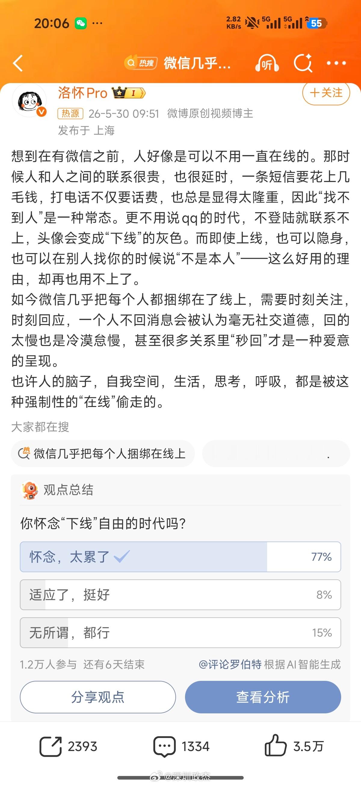 微信几乎把每个人捆绑在线上看到热搜上这个投票，77%的人都在怀念“下线自由”的时