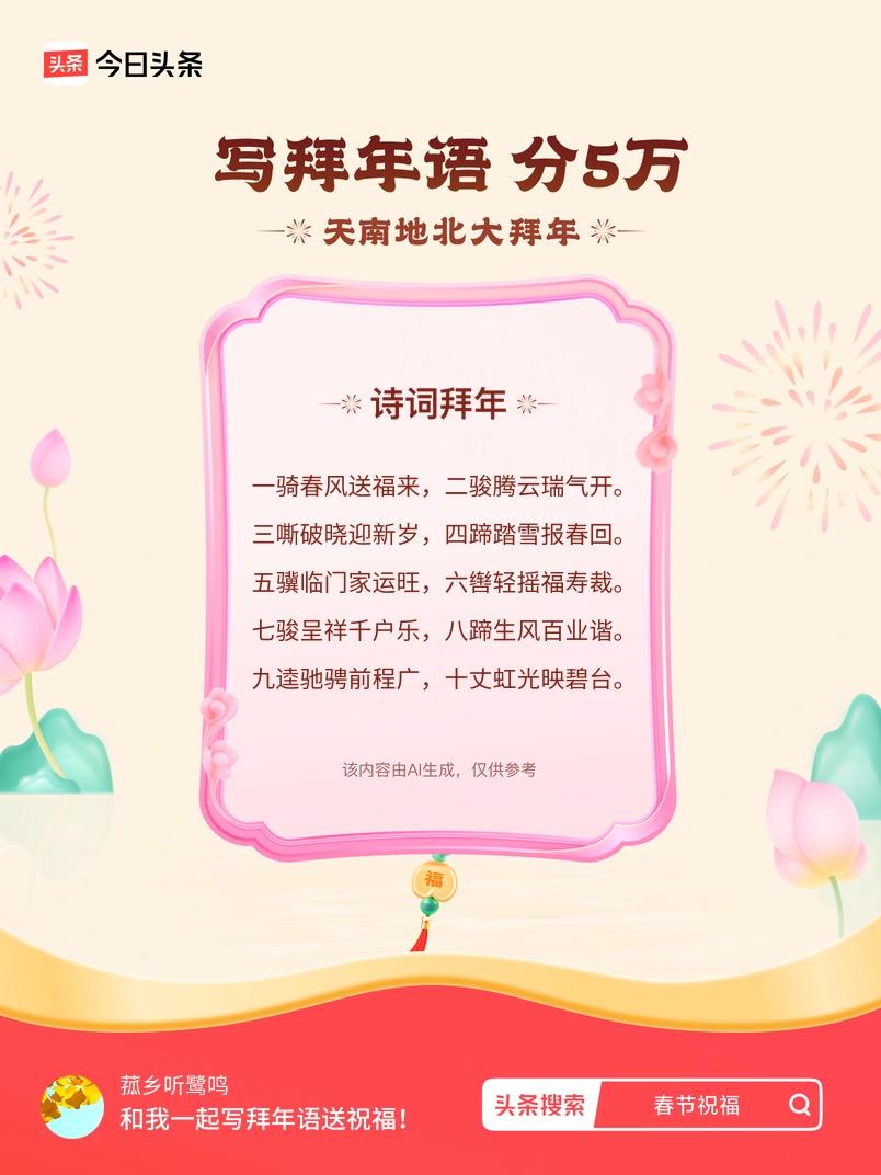 写拜年语送祝福新春拜年送祝福！我的祝福是：“一骑春风送福来，二骏腾云瑞气开。三嘶