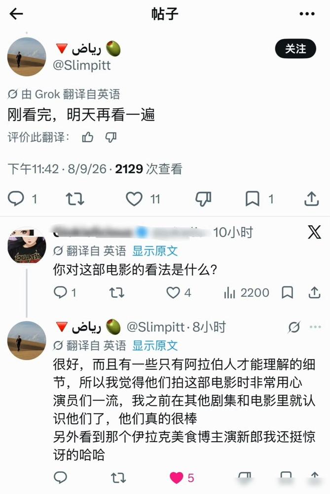 在中国的阿拉伯人看了电影《龙餐馆》后，都觉得可以，第二天还要再看一遍。

之前好