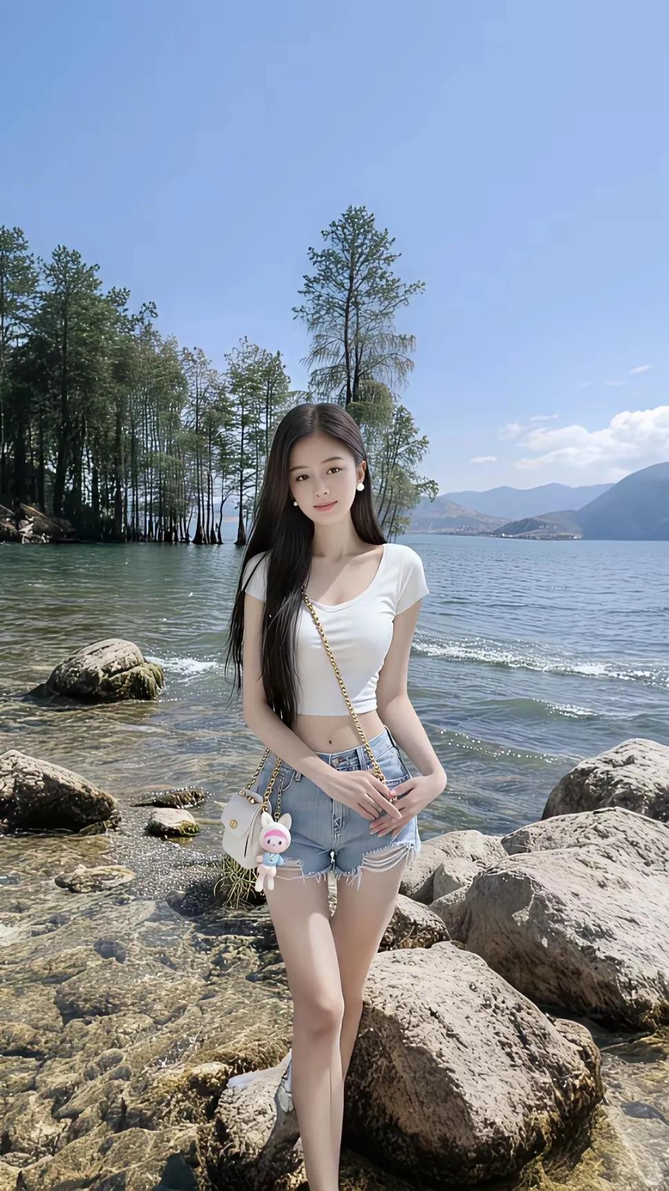 阳光明媚，女孩在湖边拍照。