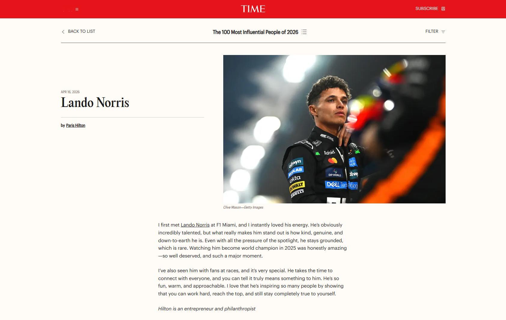 兰多·诺里斯入选《时代》杂志评选的2026年度100位最具影响力人物名单。F1