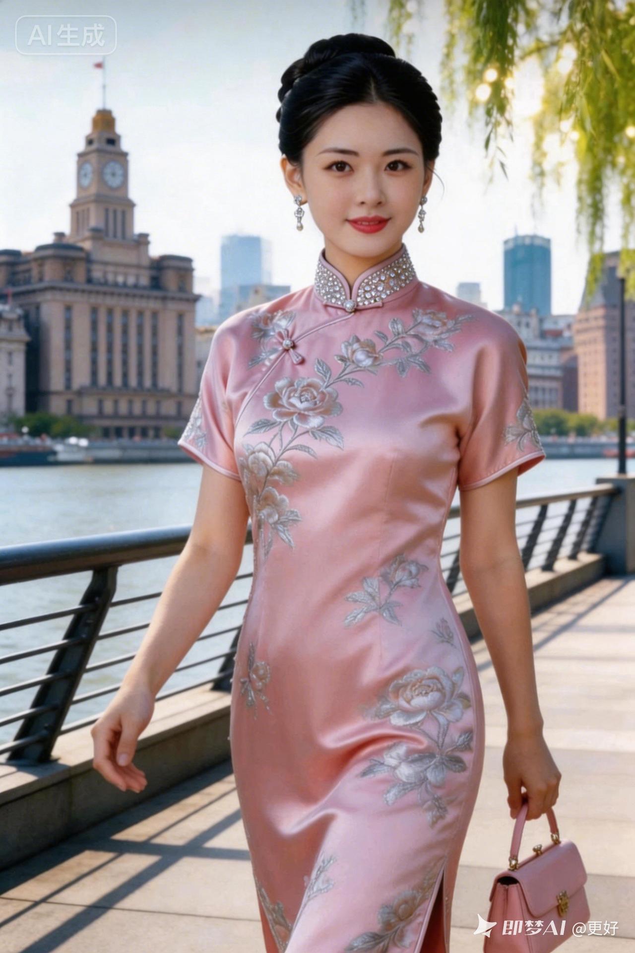 优雅旗袍漫步河畔，尽显东方古典美