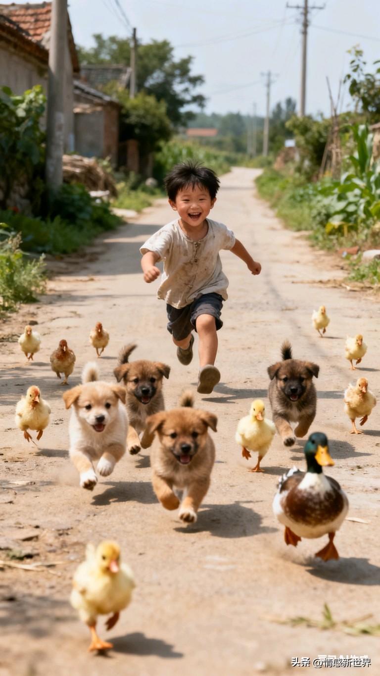 快乐奔跑的小男孩，与一群可爱的小动物们一起在乡间小路上嬉戏。🐾🐥🐶🦆公园