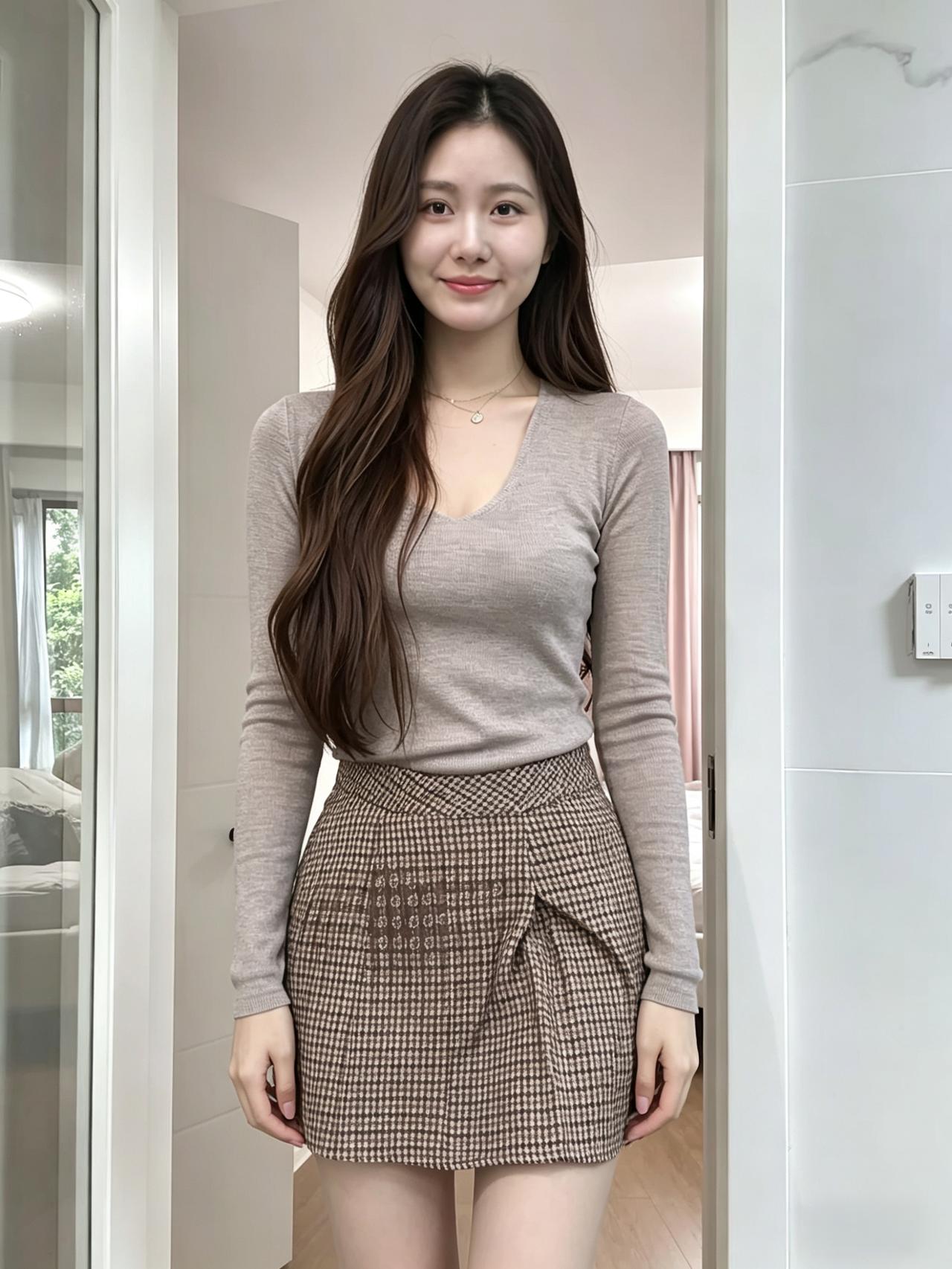 长发漫过肩头
是秋日翻涌的浅棕浪波
一件软糯针织衫
裹住一整个沉静的温柔
格纹短