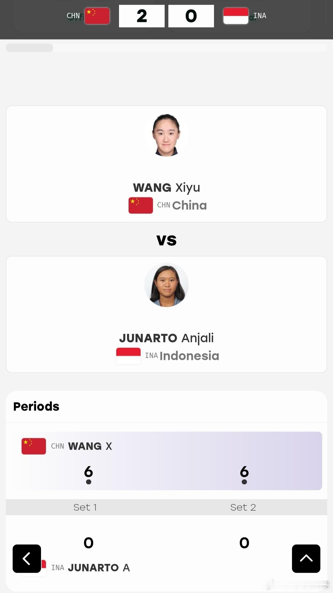 2026亚运会 网球项目首日比赛女单：王曦雨🇨🇳6-0/6-0战胜朱纳托🇮