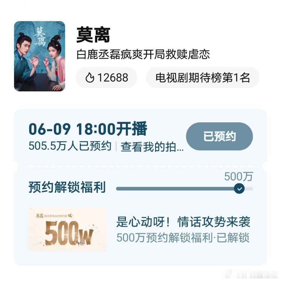 腾讯力挺白鹿丞磊莫离 白鹿丞磊《莫离》预约破500万了！三大平台目前唯一一部剧吧