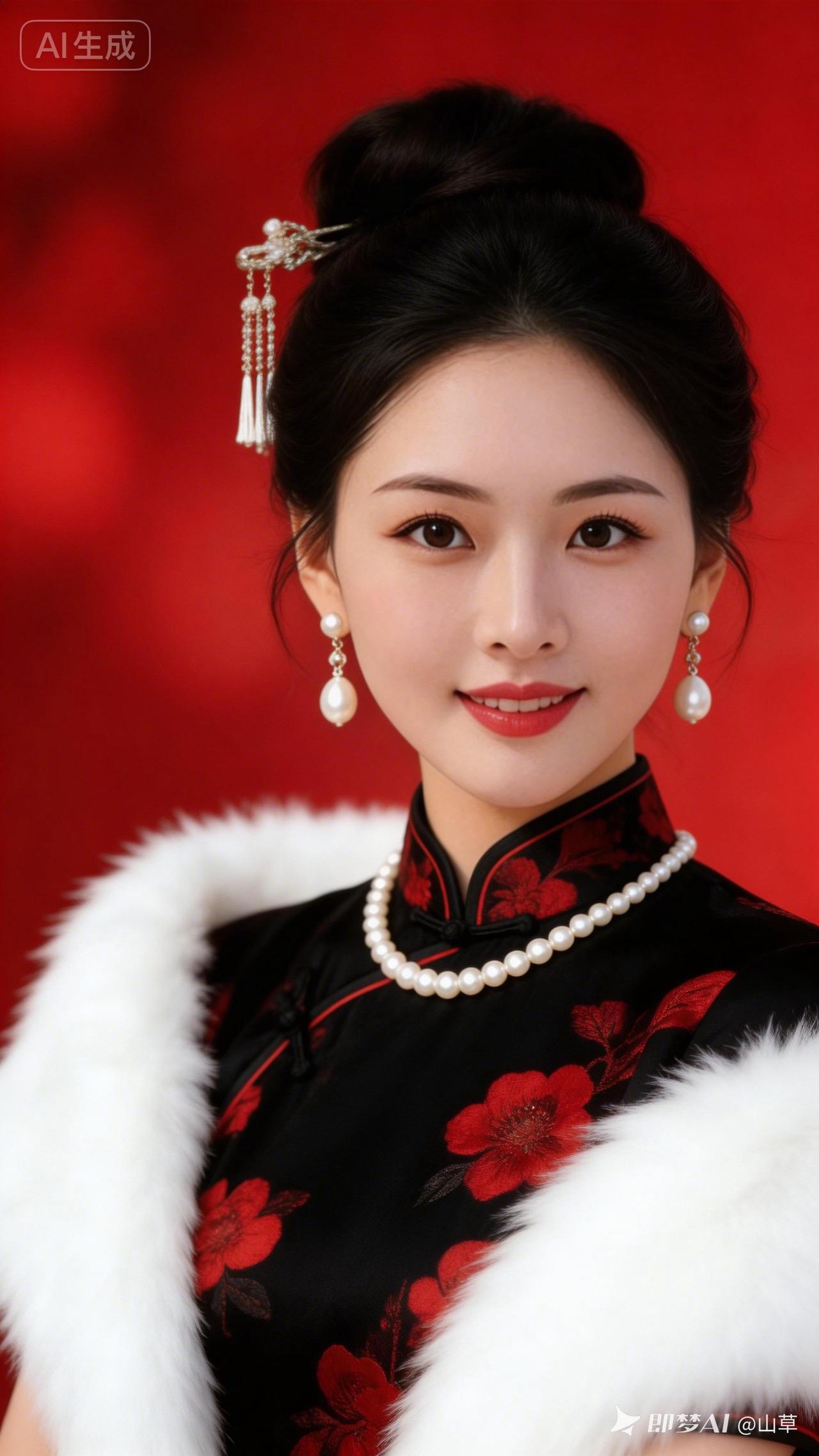 优雅旗袍，红黑相间，珍珠点缀，尽显东方韵味。