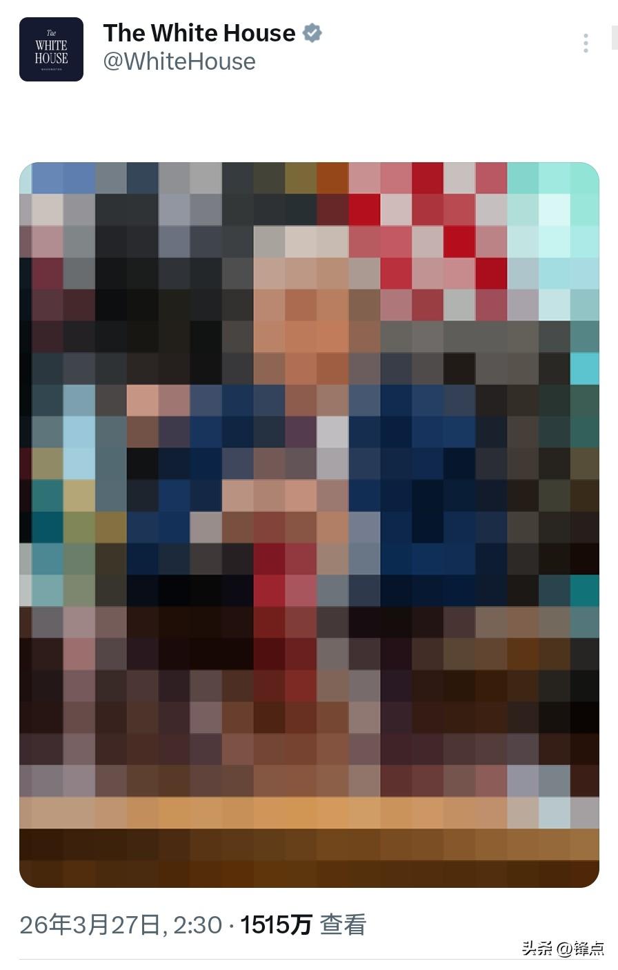 白宫发“诡异”马赛克照片，有网友分析出这是特朗普。

白宫的官方X账号今天发了一