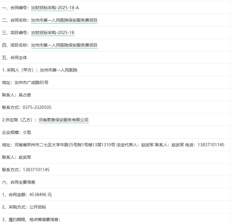 城市观察员汝州市第一人民医院保安服务费项目，金额453.84万元