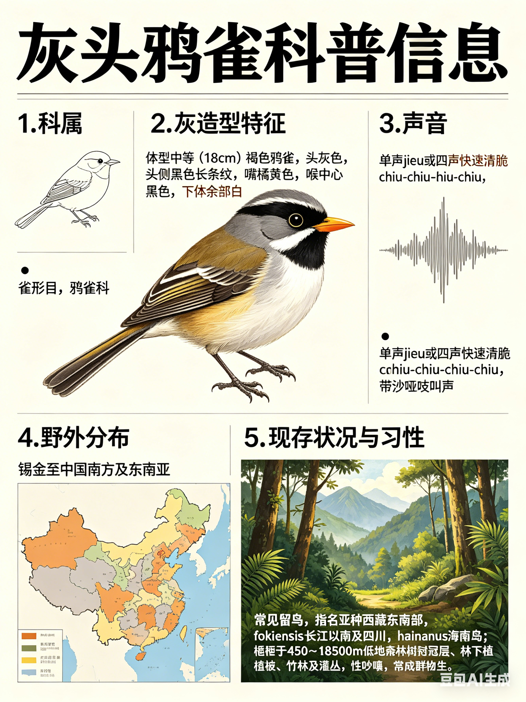 鸟类朋友图鉴 灰头鸦雀·科属：雀形目，鸦雀科。·外形特征：体型中等（18cm）的