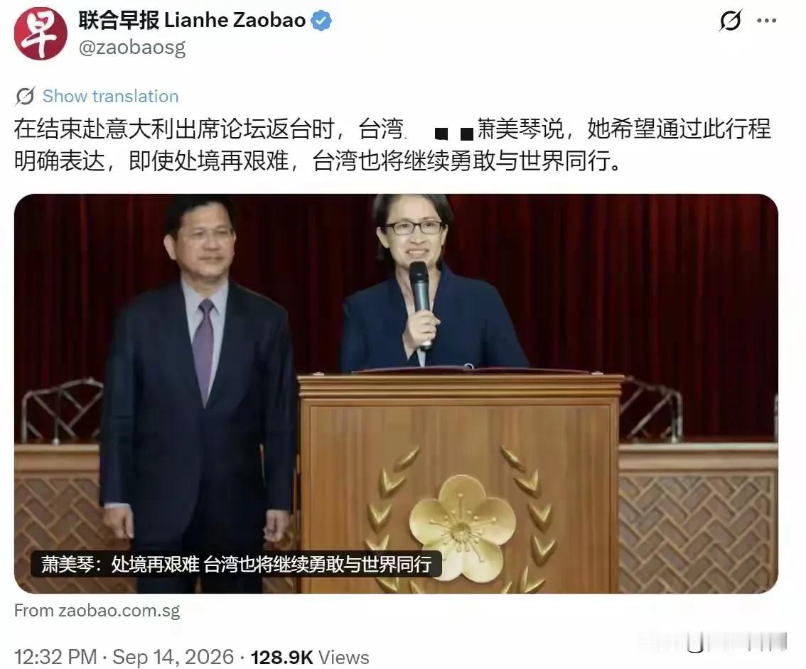 9月14日新加坡《联合早报》报道，台湾地区副领导人萧美琴结束意大利论坛行程返回岛