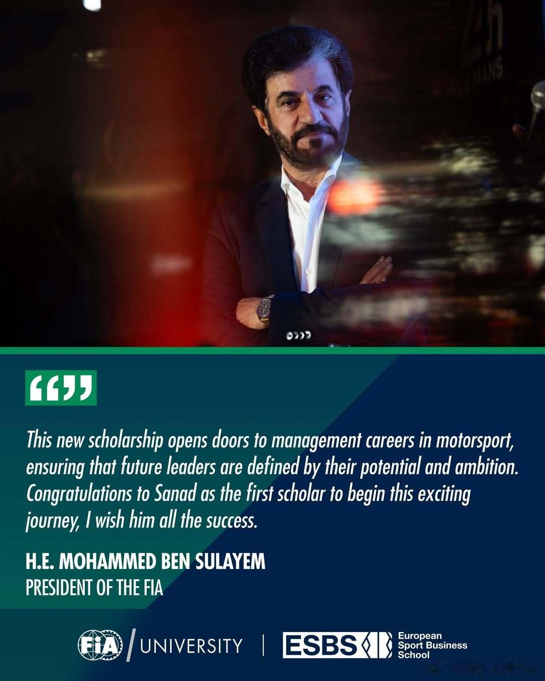 祝贺萨纳德・阿尔・拉瓦希成为首位获国际汽联奖学金、赴 ESBS 大学攻读国际体育