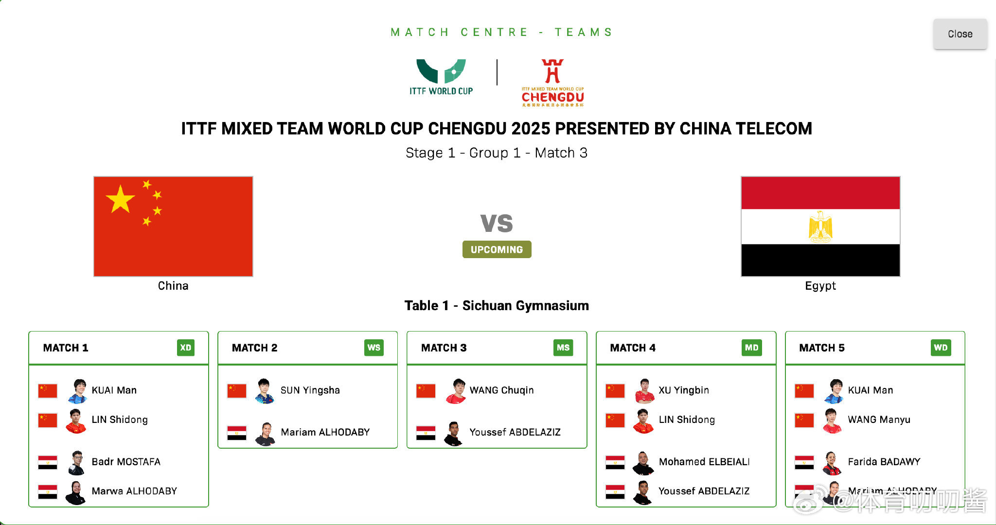 🏓️2025成都混团世界杯小组赛第二轮，中国vs埃及对阵名单公布，比赛将在19
