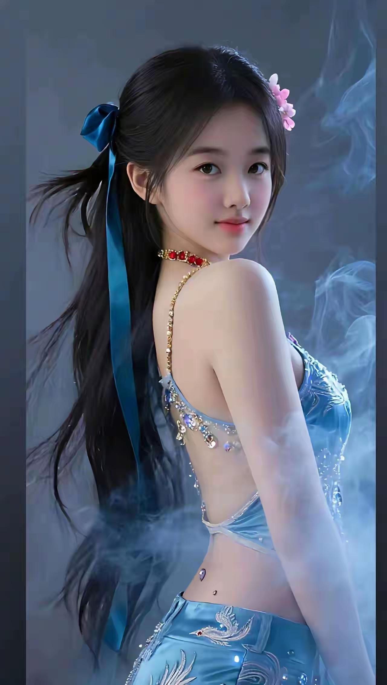 小姐姐这身蓝装真是太仙了，美得像是从画里走出来的小仙女，灵动俏皮、可爱美丽。