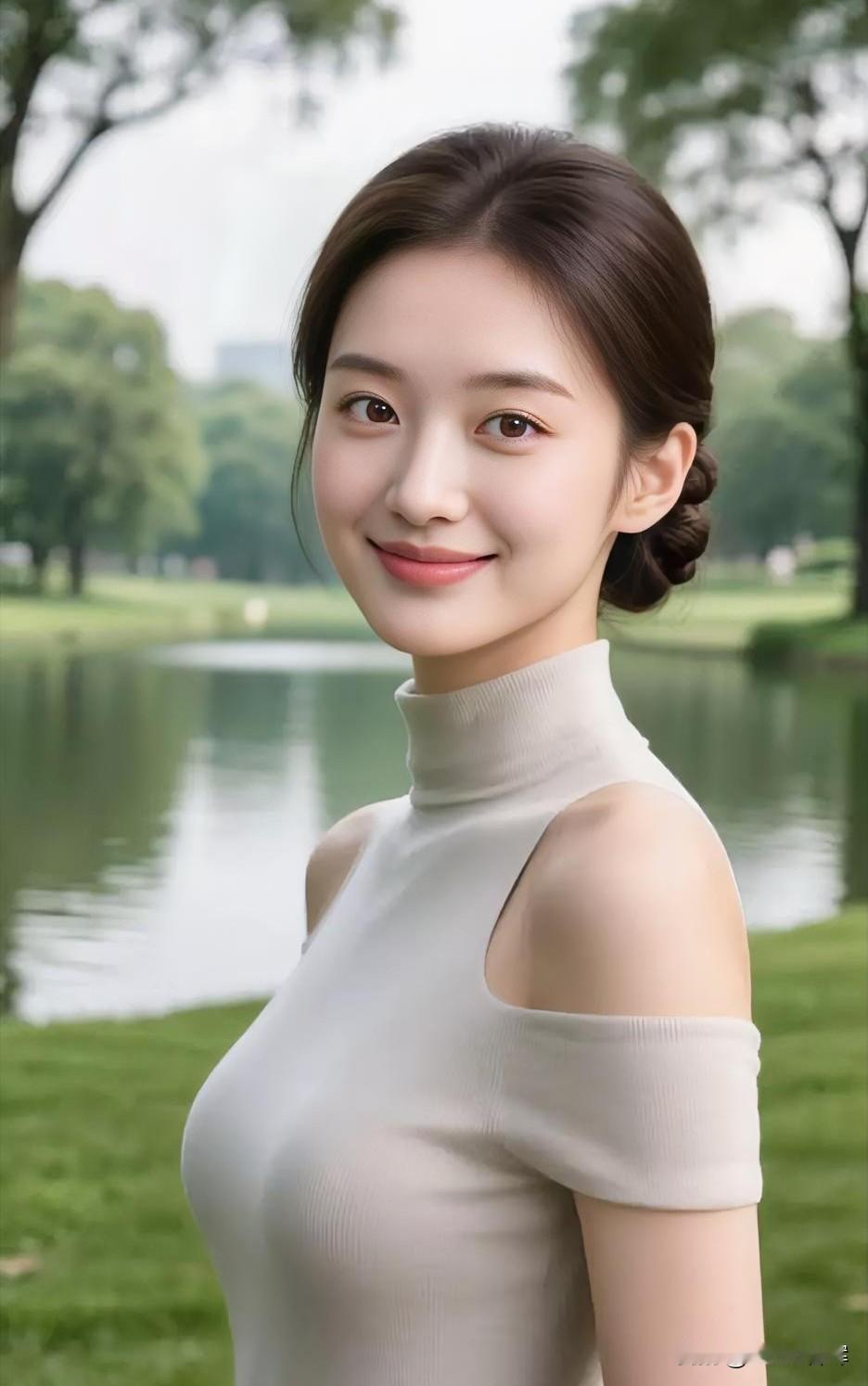 眉眼含笑，白衣温婉，清新自然。