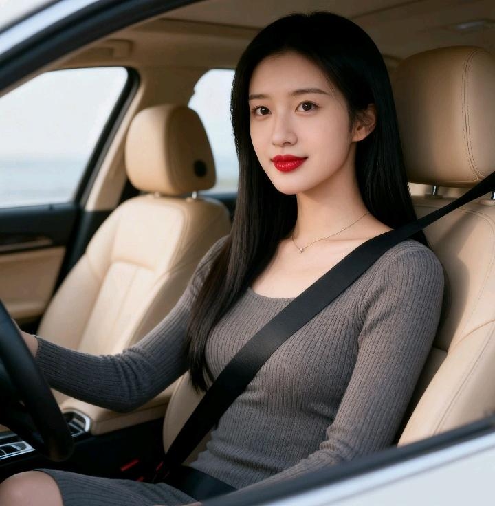 优雅驾驶，红唇与车座相映成趣，尽显时尚魅力！甜美驾车的美女 汽车美人写真 汽车旁