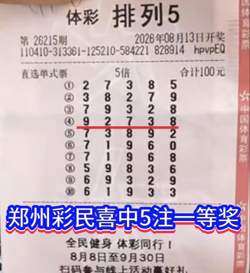 好运降临郑州！排列五26215期彩民喜中5注一等奖，揽获50万奖金。

体彩排列