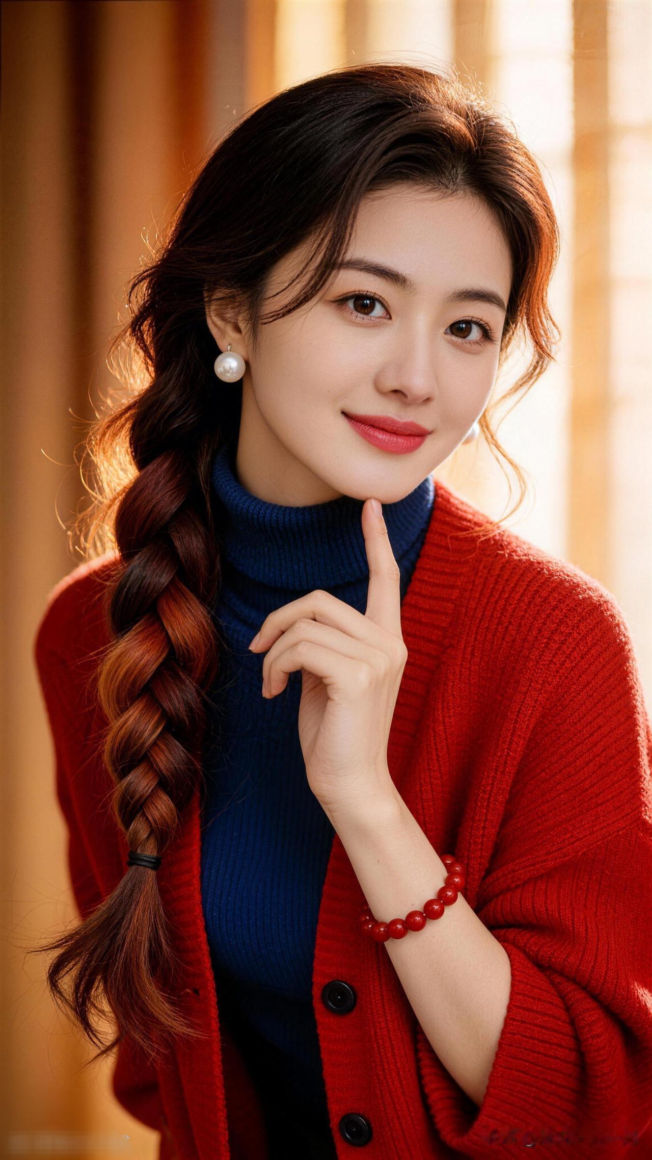 红袖添香夜，美人如画里。照片记录你眼中的美 温暖冬日穿搭，红色毛衣搭配蓝色高领衫