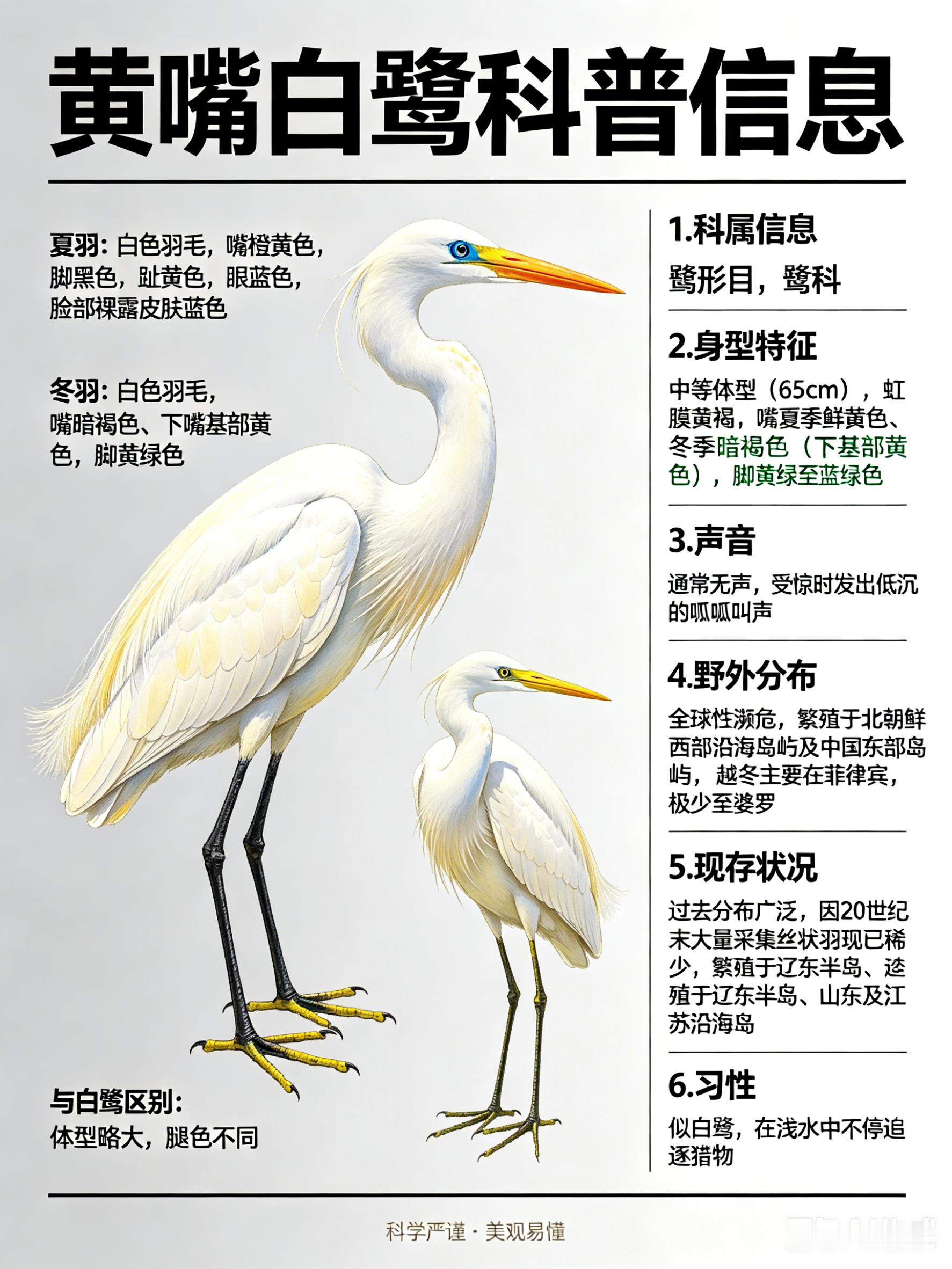鸟类朋友图鉴 黄嘴白鹭·科属：鹳形目，鹭科。·外形特征：中等体型（65cm）的白