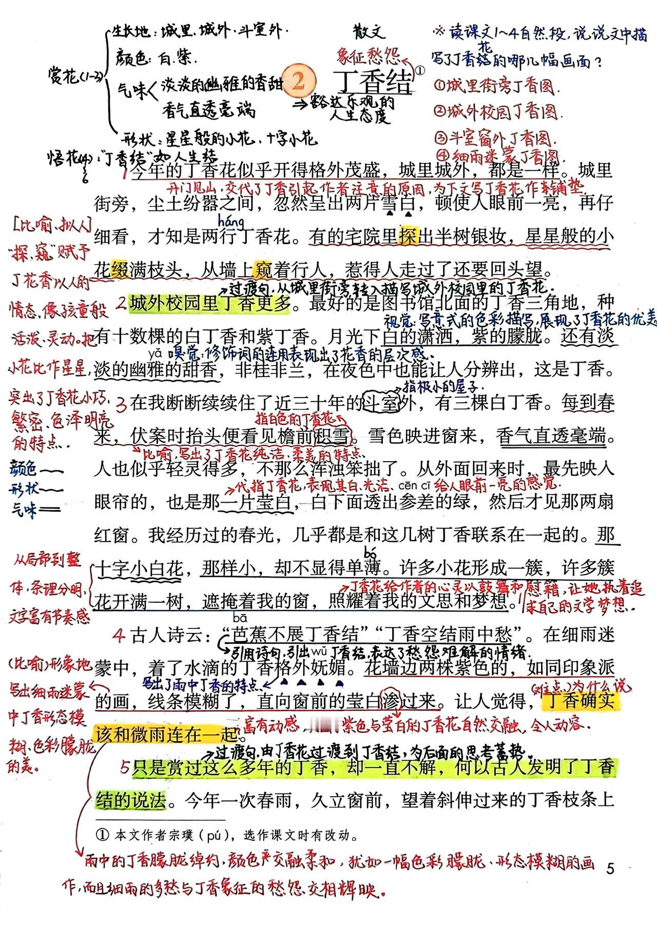 六年级上册语文，第一单元第2课《丁香结》课堂学习笔记，收藏预习~
