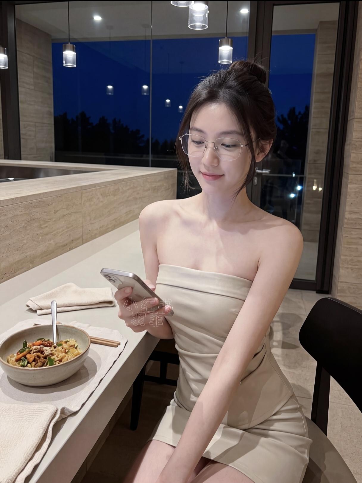 夜晚的浪漫晚餐，美食与手机的陪伴