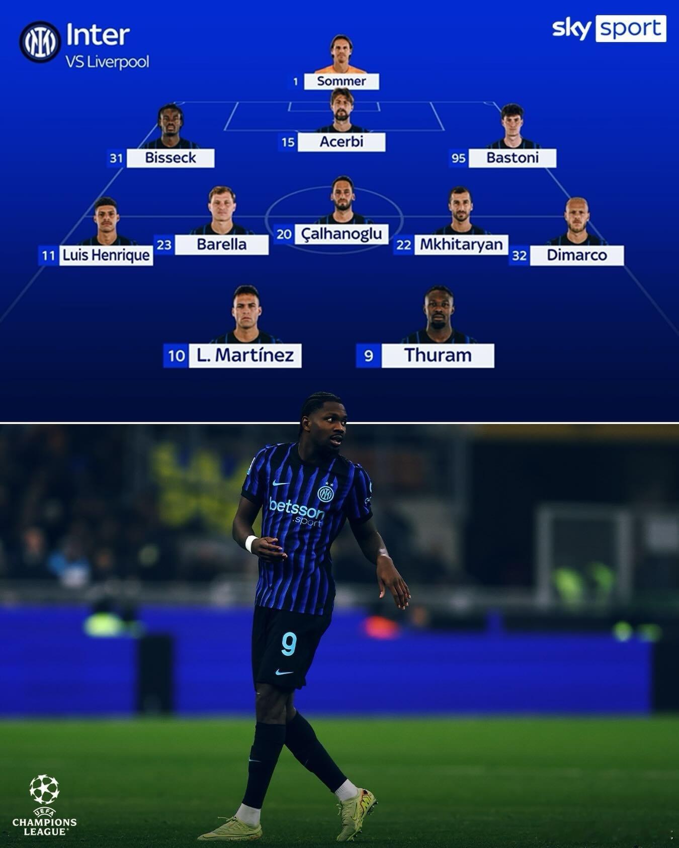 国际米兰vs利物浦，天空体育预测阿坎吉缺席，姆希塔良和恩里克首发。国际米兰vs利