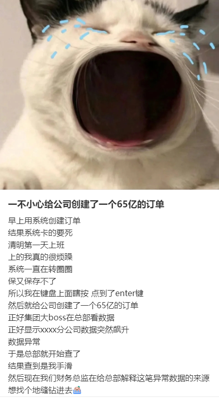 #不小心给公司创建了65亿订单#因为系统太卡在键盘上乱按，结果给公司创建了65亿