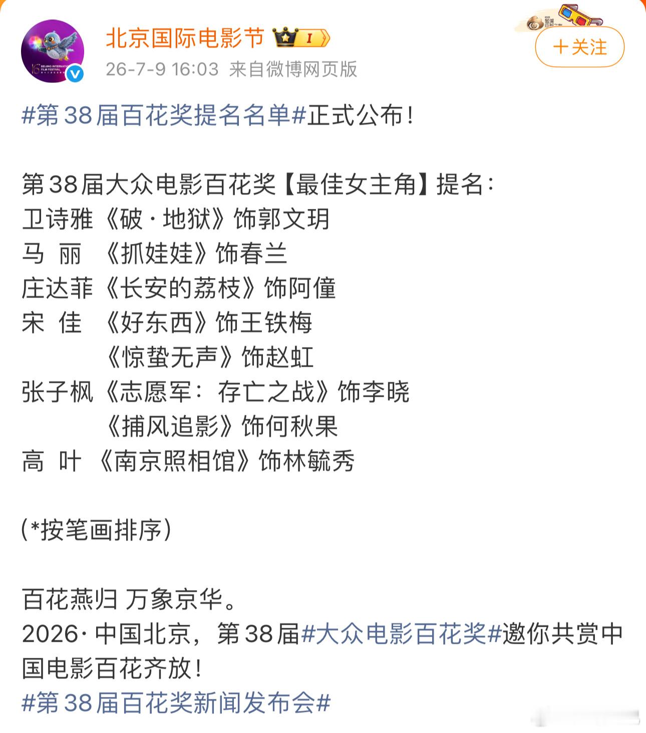百花奖最佳男女主提名！看好谁 第38届百花奖提名名单