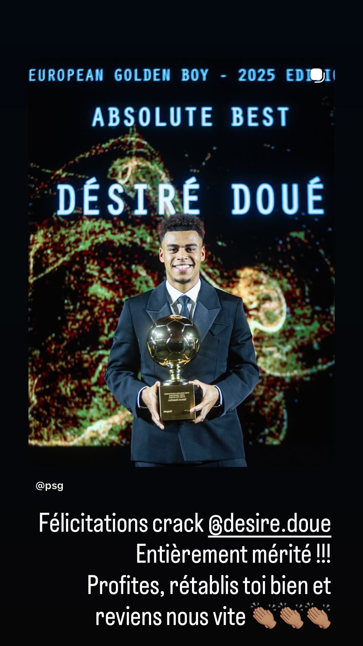 姆巴佩  IG STORY更新：恭喜你！@ desire.doue完全实至名归！