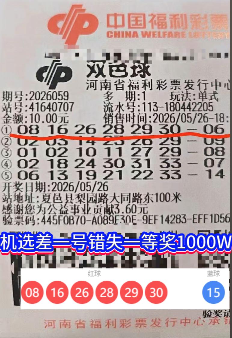 一号之差憾失千万！双色球2026059期河南彩友的五味人生。

双色球20260