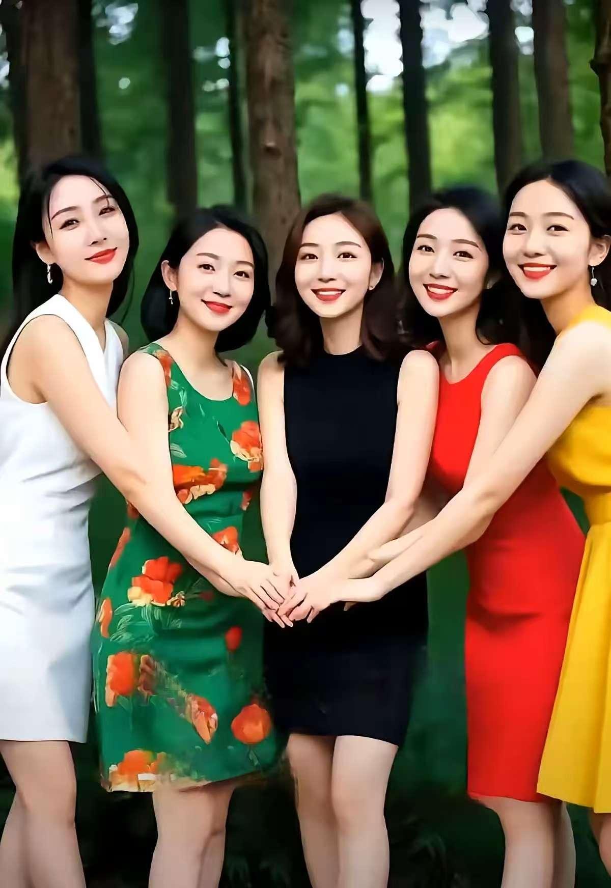 塞鸿秋·五朵金花
齐肩翠鬓春芳映，
罗裙五色垂膝净。
玉手同展姿容靓，
仙姿共绽