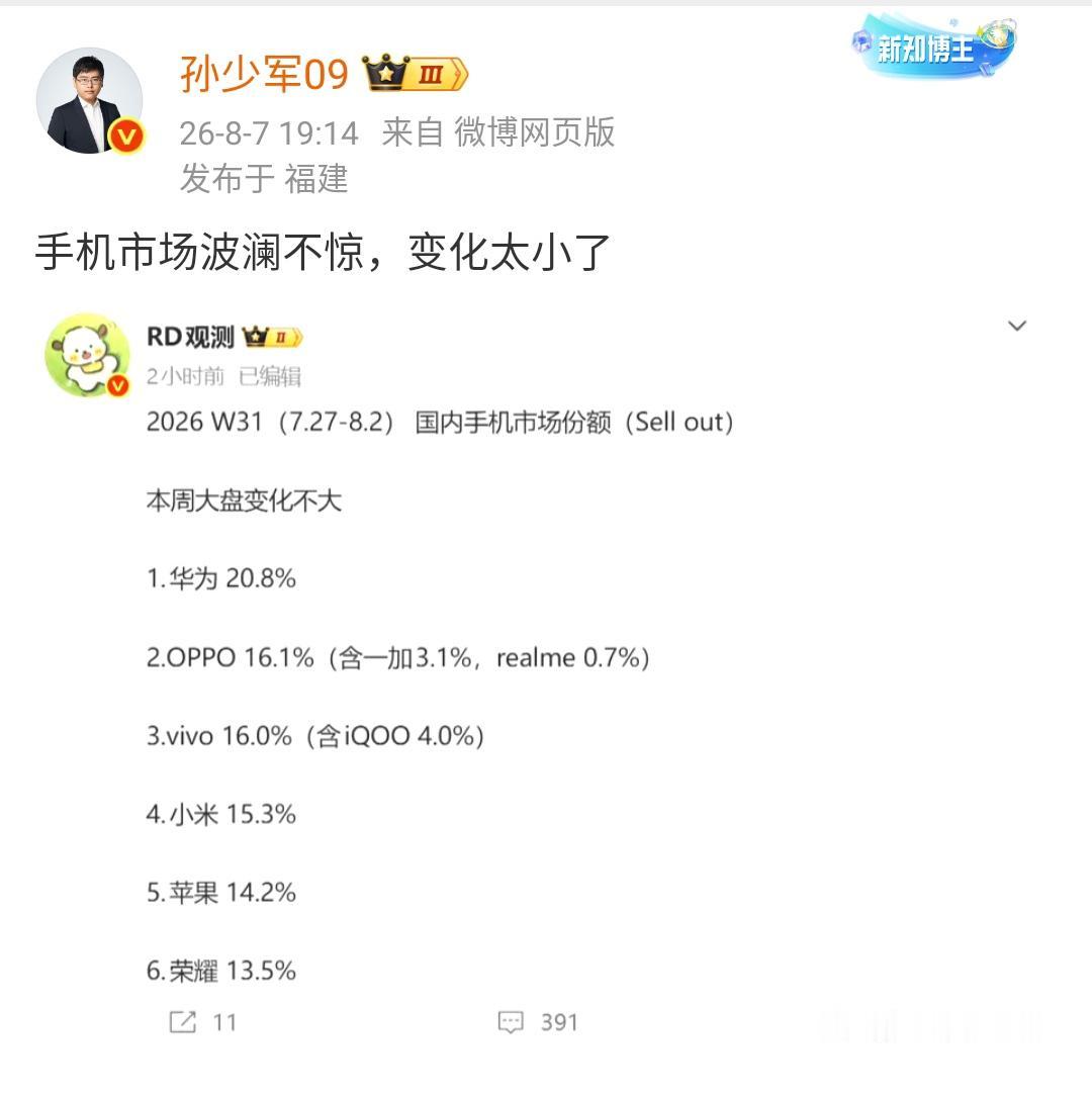 孙少军：手机市场波澜不惊，变化太小了！

主要手机的性能变化也不大，一般人换手机