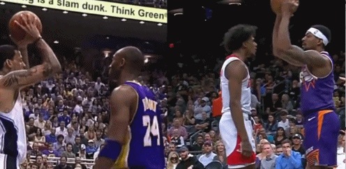 #NBA# 像吗🤔？网友：比尔这发球是在模仿巴恩斯对科比的动作吗😅？