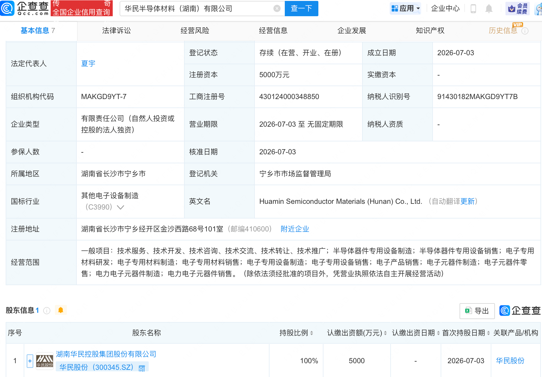 华民股份在湖南成立半导体材料公司