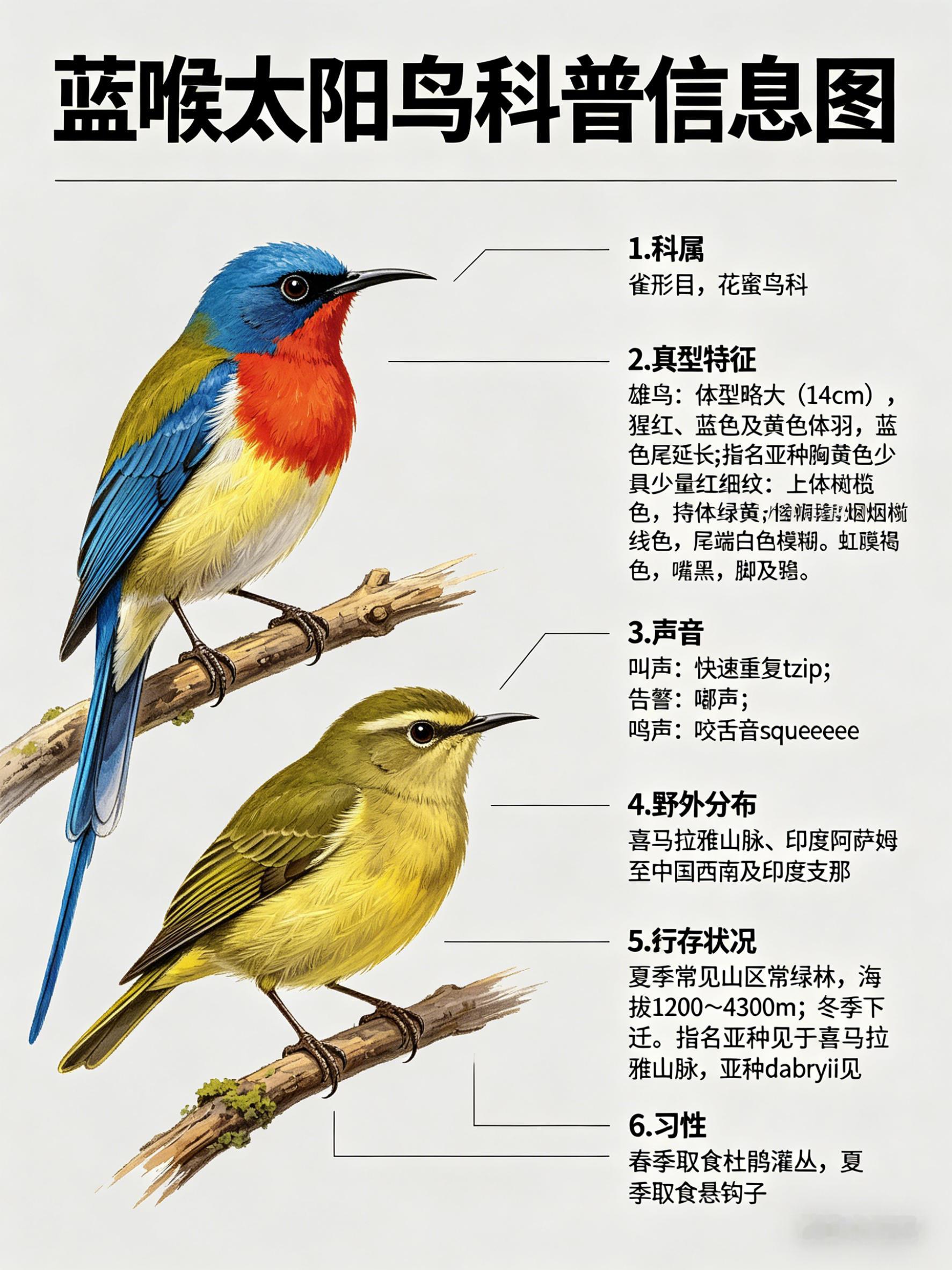 鸟类朋友图鉴 蓝喉太阳鸟·科属：雀形目，花蜜鸟科。·外形特征：雄鸟：体型略大（1