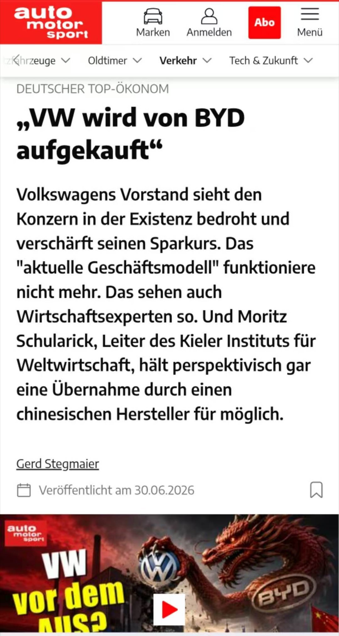 德国经济学家：大众将被比亚迪收购德国汽车杂志《auto motor und sp