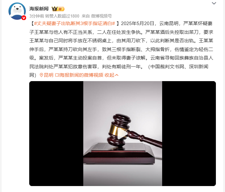 丈夫疑妻子出轨断其3根手指证清白毫无实据就凭猜忌逼妻子砍手自证，酒后直接下狠手砍