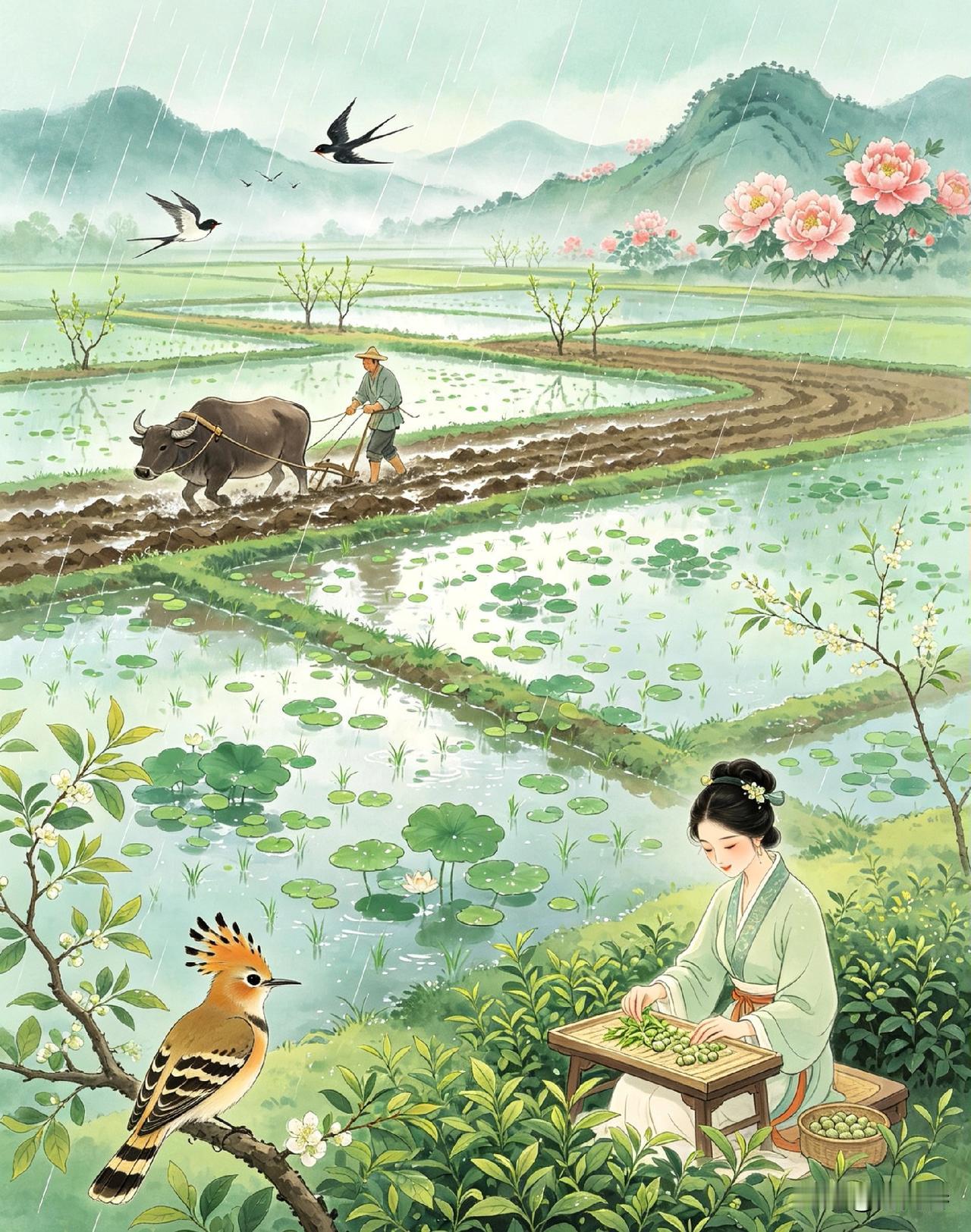 沁园春/谷雨
文/方尚春

春色将阑，
雨润千山，
绿涨一川。
看桃腮浥露，
犹