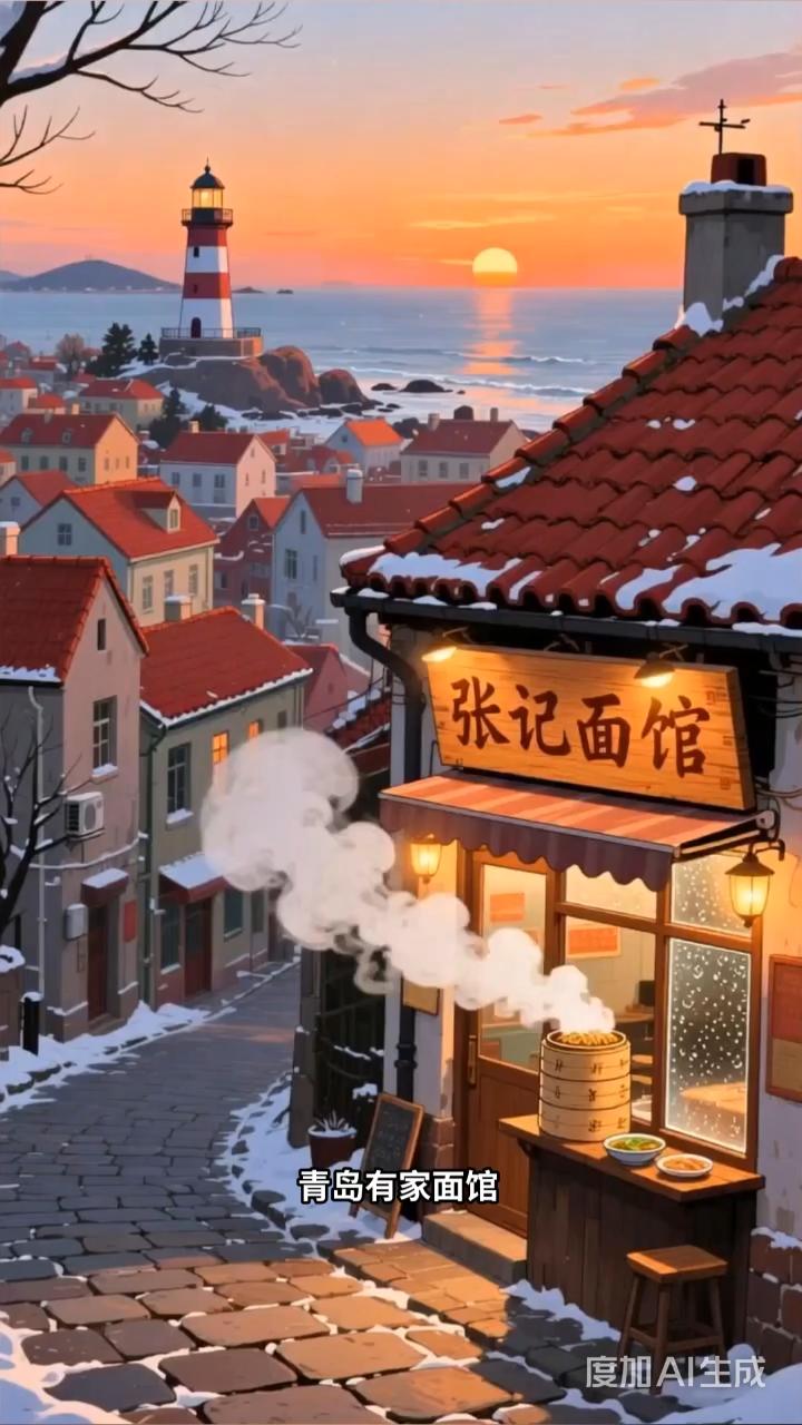 冬日暖阳下，张记面馆冒着热腾腾的蒸汽，温暖人心。