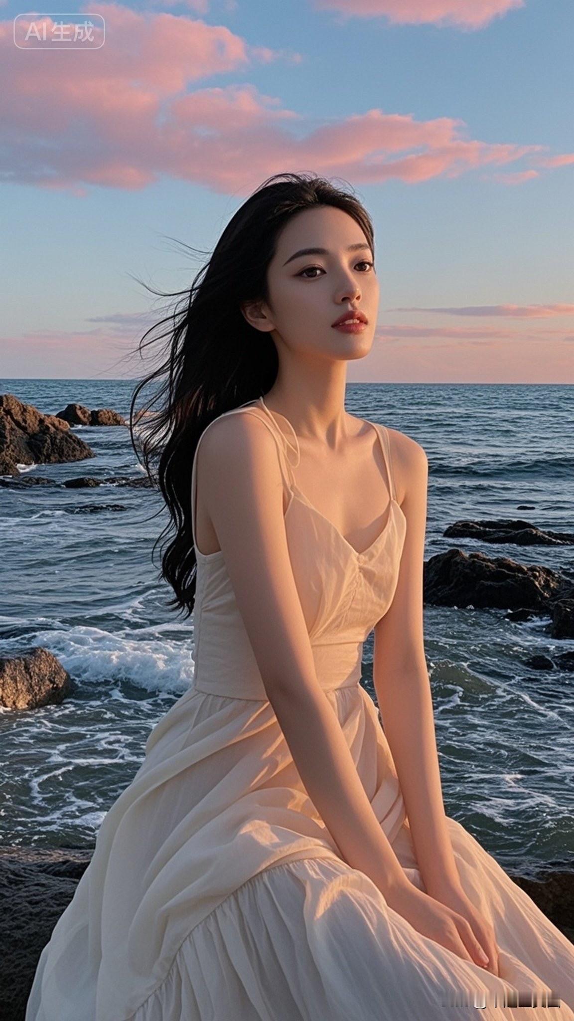 海边日落下的优雅少女，裙摆随风飘扬，唯美动人。