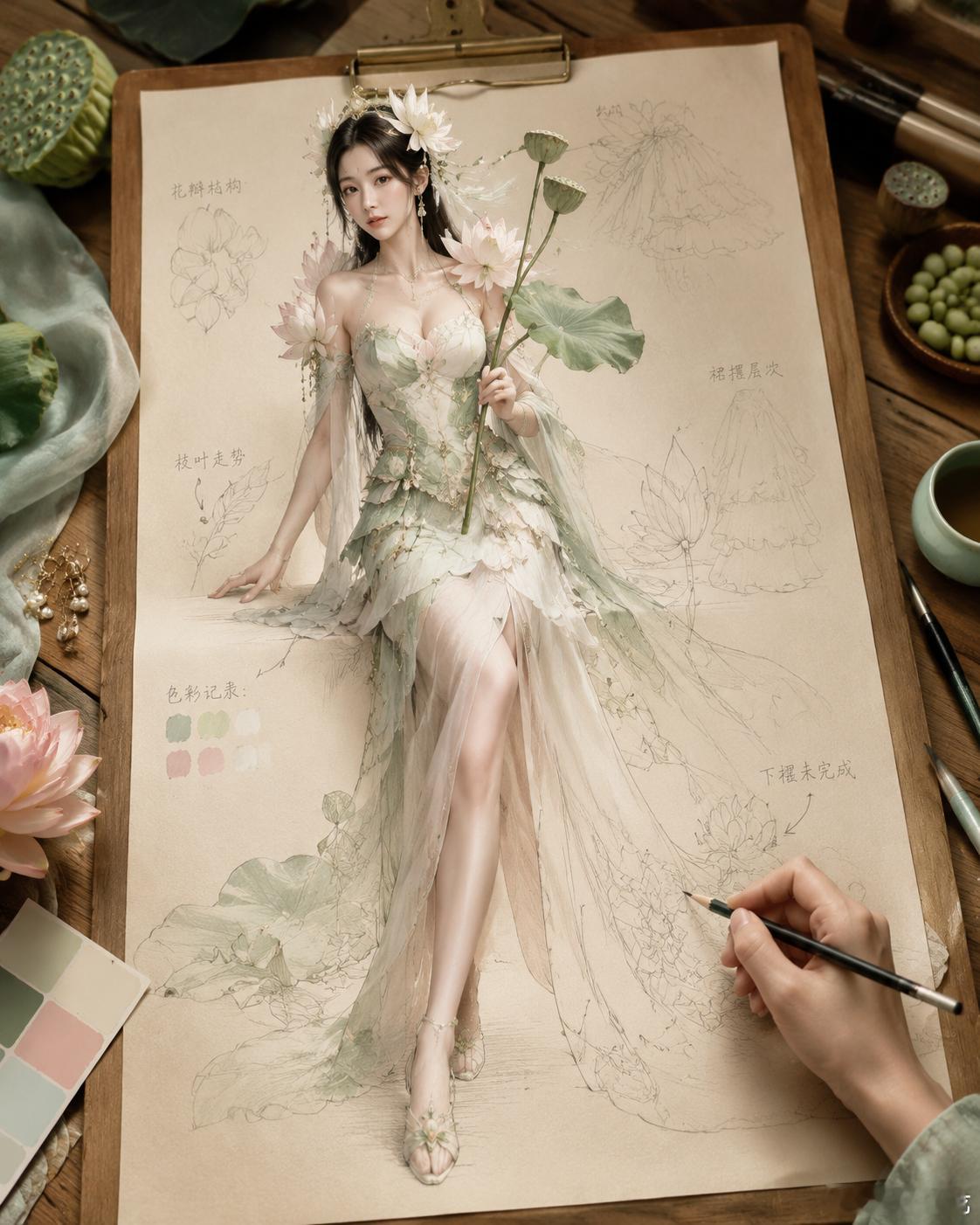周末画点图养养眼提示词：画面是一张高级米白色荷花神服饰设定稿纸夹在木质画板上，放