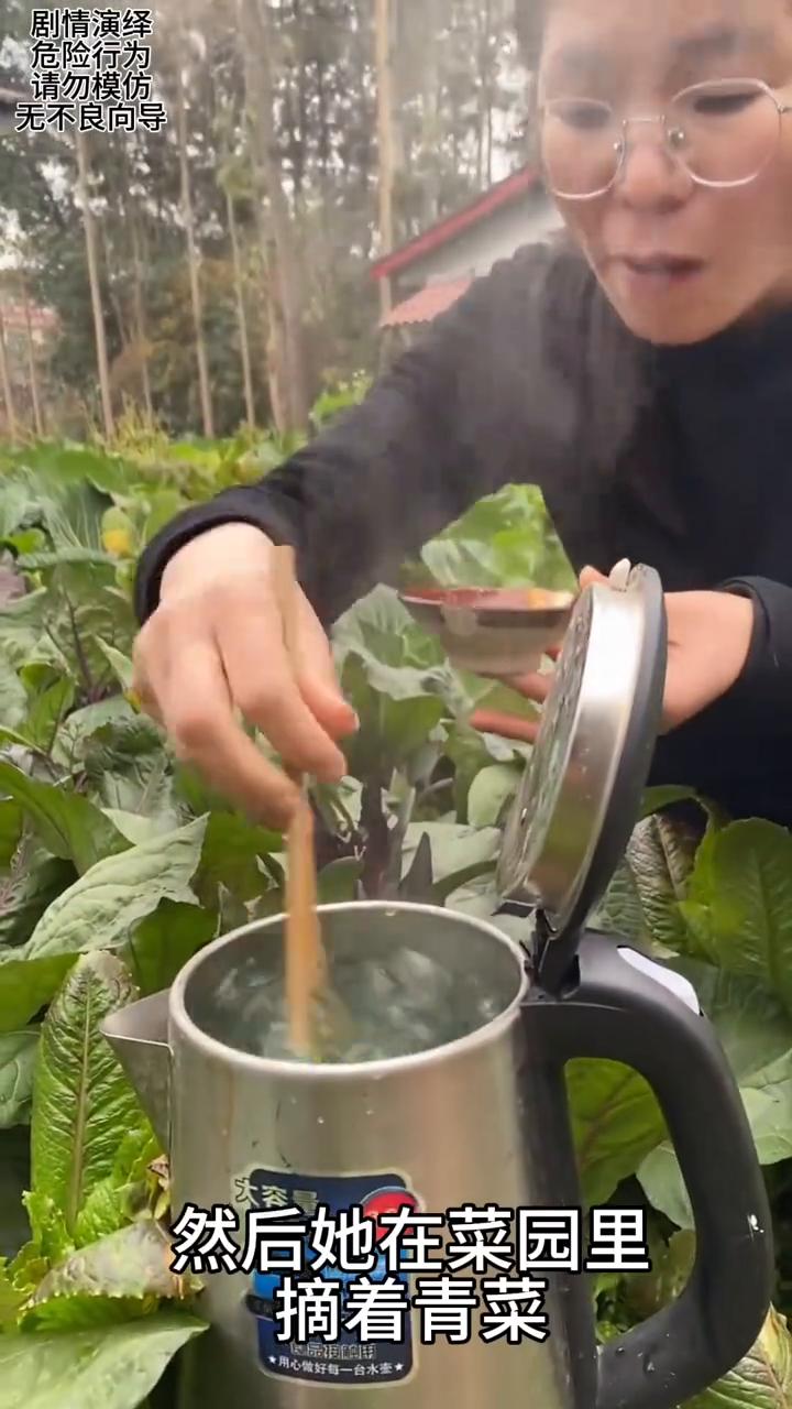 女子在菜园吃火锅用开水壶，这一幕真的太有才了。
女子在菜园放了一个开水壶，然后她