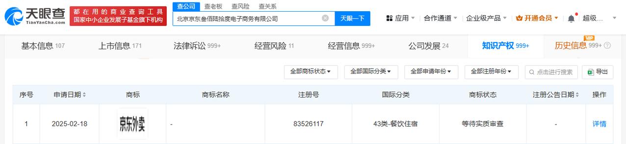 东申请京东外卖商标 京东为外卖业务申请商标
天眼查财产线索信息显示，近日，北京京