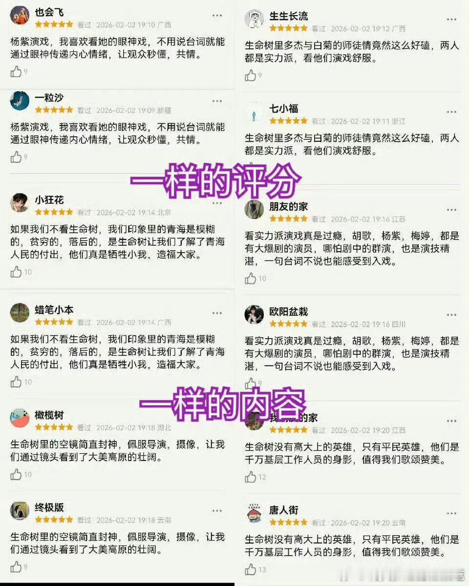 生命树的豆瓣短评，一样的五星，一样的内容 